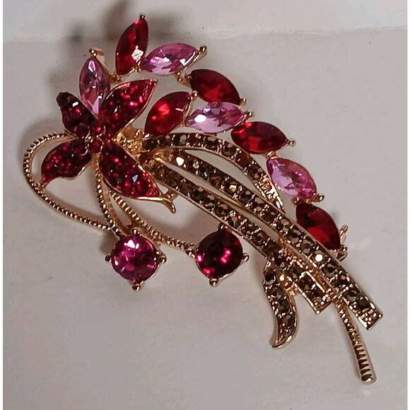 Napier Gold Tone Brooch Pin Ruby Red Pink Cascading Rhinestone - Picture 9 of 11